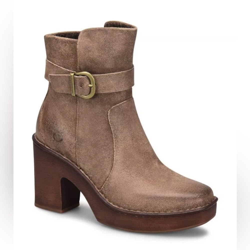 BORN Hailey Buckle Platform Leather Bootie/Side Zip US 9.5 M Taupe Distressed